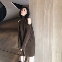 With coat small man high collar sweater skirt womens autumn and winter long sexy off-shoulder knitted bottom dress