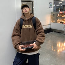 Premium brown sweatshirt men autumn and winter plus velvet thickened American retro hooded couple jacket niche design ins tide