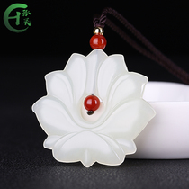 Natural Hetian Jade White jade lotus pendant Mens and womens jade double-sided carved lotus jade pendant pendant Rich Ruyi jade