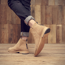 Martin boots male dermis Korean version Inlenwind mens short boots zipped wood heel bottom Chelsea boot upturned fur mens boots