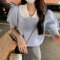 Glazed ANLI sea salt milk cover ~ meta-treasure collar embroidery little floral sweater-coloured girl fresh-knitted sweatshirt new