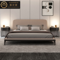Italian minimalist bed 1 8 meters leather bed solid wood master bedroom high-legged bed Nordic double light luxury first layer cowhide art bed