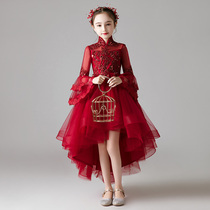 Flower girl dress long sleeve childrens wedding dress girl birthday puffy gauze girl girl host red princess dress costume