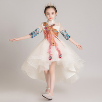 Chinese childrens catwalk evening dress autumn girl princess dress puffy gauze flower girl host piano performance dress summer