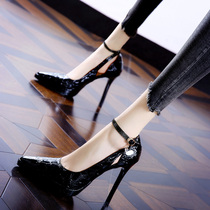 One word with buckle sexy waterproof desk single shoes ~ 2022 Spring new lacquer leather pointed fine heel ultra high heel shoe woman