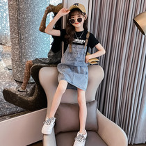 Tide Card Girl Denim Harness Skirt Suit 2022 Summer New Korean Version Foreign Air Trendy Children Summer Dress Dress Dress
