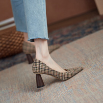 IEIRIAILI2021 new plaid cloth fashion pointed temperament single shoes personality thick heel retro single shoes