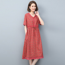 Your lady foreign style age reduction retro summer 40 or 50-year-old middle-aged woman mom cotton and hemp large size floral dress