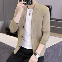 Sweater jacket mens fashion casual handsome sweater personality youth autumn personality striped line cardigan trend