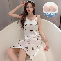 Ice Silk Sleeping Skirt Woman Summer Thin strap Chest Cushion Sleepwear Summer Fresh And Cute Silk Cartoon Home Conserved Spring Summer