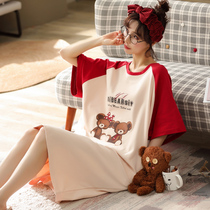 Night dress womens summer thin cotton short-sleeved cute cartoon womens Korean version of large size loose pregnant women pajama skirt spring and autumn