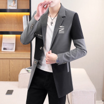 Long windbreaker mens spring and autumn colorblock casual jacket Korean slim trend student Ruffian handsome suit jacket