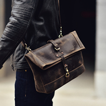 Harelocomotive Folding Cover Headlining Cow Leather Single Shoulder Bag Casual Tide Locomotive Mens Slanted Satchel Madam Moto Back