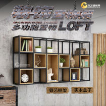 Industrial wind iron wall shelf multi-layer lattice bookshelf solid wood wall office Wall Wall office wall flower stand display rack