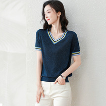 Bei Si Ping thin ice silk pullover v neck sweater womens short sleeve summer New loose shiny silk top short