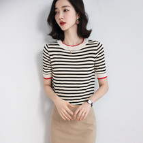 Bei Si Ping 2021 summer round neck color color short sleeve t-shirt women short striped sweater womens pullover