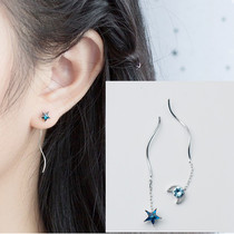 s925 Silver Blue Drilling Five-pointed Star Moon Earline Female Inlaid Drilling Flow Suearrings Shorts Net Red Small Earrings Supersens