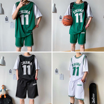 Chinese team No. 11 basketball sports suit mens tide fake two class clothes summer girls Blue Jersey couple pair two sets