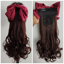 New ponytail wig female bow long curly hair comb natural roll Net red water corrugated grab clip type ponytail strap