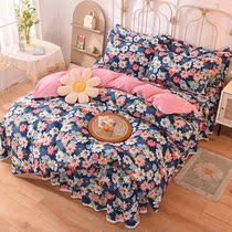 Little Red Book recommended 100 cotton cotton bed skirt four-piece lace bed cover non-slip bed cover double quilt cover lazy 4