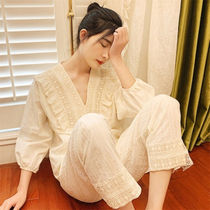Palace pajamas female spring and autumn Korean version of pure cotton sweet wear autumn and winter princess style cotton lace home clothing two-piece set