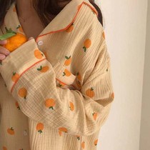 Korean spring and autumn ins2021 Japanese plus size fat MM200 kg cute orange bubble wrinkled long-sleeved home service suit