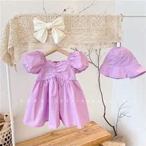 Girls summer dress 2021 new Korean edition solid color square collar bubble sleeves short sleeve princess dress with fisherman hat tide