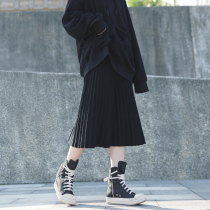 Black knitted pleated skirt skirt Japanese vintage dark dress autumn and winter high waist skirt winter skirt