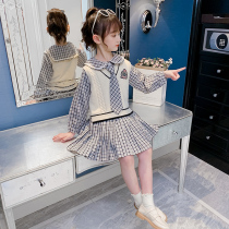  Girls dress 2021 new Western style childrens spring and autumn suit skirt net red girl knitted vest autumn skirt