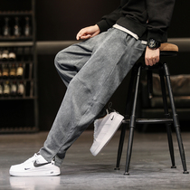 Corduroy pants mens Tide brand autumn and winter plus velvet thickened loose straight tube casual trousers Korean version of the trend Harlem pants