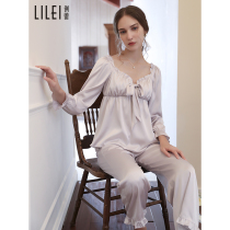 Ice silk pajamas womens long-sleeved suit summer thin court style retro sweet sexy age-reducing spring and autumn home clothes for women