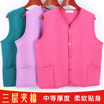 Woman sleeveless warm vest spring autumn and winter plus hypertrophy yard shoulder middle aged three laminated cotton medium thickness with pocket waistcoat