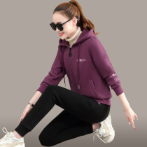 2021 New plus velvet suit women autumn and winter clothes thick Sportswear hooded running fashion casual two-piece set