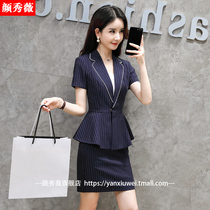Professional suit womens summer short-sleeved striped suit dress fashion temperament goddess Fan Xian thin beauty salon overalls