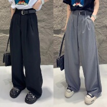 Europe station 2022 spring European goods fashion leather buckle design high waist wide leggings pants foreign air drag long pants Western suit pants tide