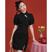 Black cheongsam improved summer 2021 new young retro national tide bubble sleeve dress French small black dress