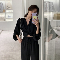 Temperament light and mature style womens autumn New 2021 cross long sleeve T-shirt high waist straight casual pants two-piece set