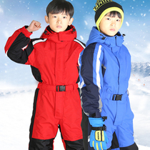 Childrens ski clothes outdoor thick warm waterproof windproof baby pants cotton boys and girls one-piece ski set
