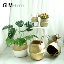 Nordic ins handmade straw flower basket portable woven basket home living room rattan basket flower pot storage basket ornaments