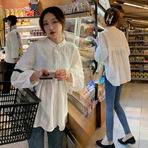 Pregnant womens coat spring and autumn loose doll shirt long sleeve T-shirt cotton shirt short wear professional white shirt