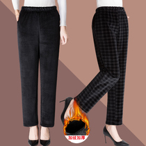 Middle-aged and elderly womens pants plus velvet elderly pants womens autumn and winter wear mothers thick cotton pants grandma high waist elastic pants