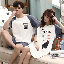 2 sets of price couple pajamas summer pure cotton thin simple cute cartoon night dress female summer short-sleeved mens home clothes