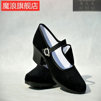   Womens shoes Old Beijing cloth shoes with medium heel velveteen black etiquette work single shoes Mothers daily casual dance shoes
