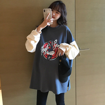 Pregnant women autumn dress long clothes loose pregnancy long sleeve top base shirt splicing sleeve coat autumn T-shirt