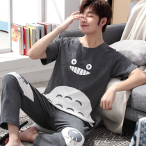 Mens Pajamas Summer Cotton Short Sleeves Trousers Spring and Autumn Thin Cartoon Teen Loungewear Set Plus Size