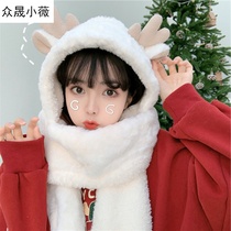 Plush hats children autumn and winter Korean cute plush scarf gloves hooded one warm scarf ins tide