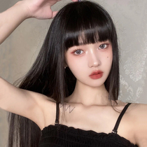 Wig female long hair full head cover type summer simulation natural lisa with the same jk qi bangs full head black long straight wig set