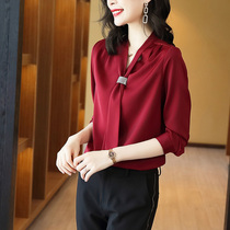Acetic acid satin top women long sleeve 2021 autumn new silk shirt V collar wine red fashion Western shirt