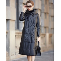 Fashion small sheepskin leather long down jacket coat women 21 winter new hooded slim straight black coat