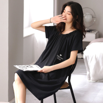 Sleeping Skirt Woman Summer 2022 New Advanced Senses Summer Thin medium long piece of pure cotton black short sleeve one-piece pyjamas